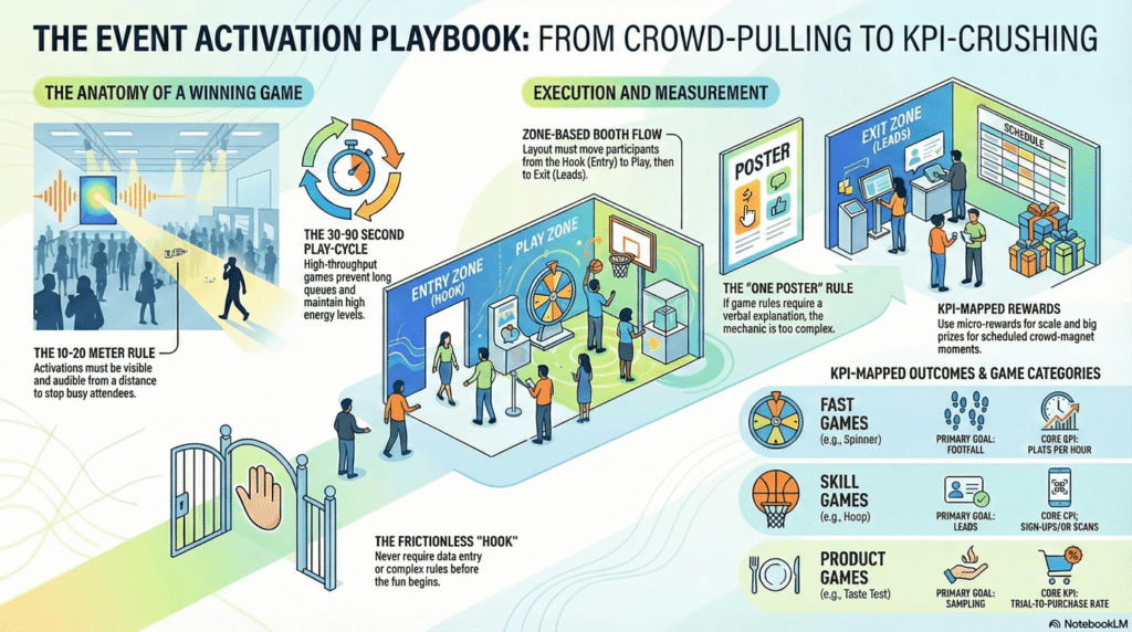 Offline activation game hook visible from 20 meters to increase event footfall and booth engagement